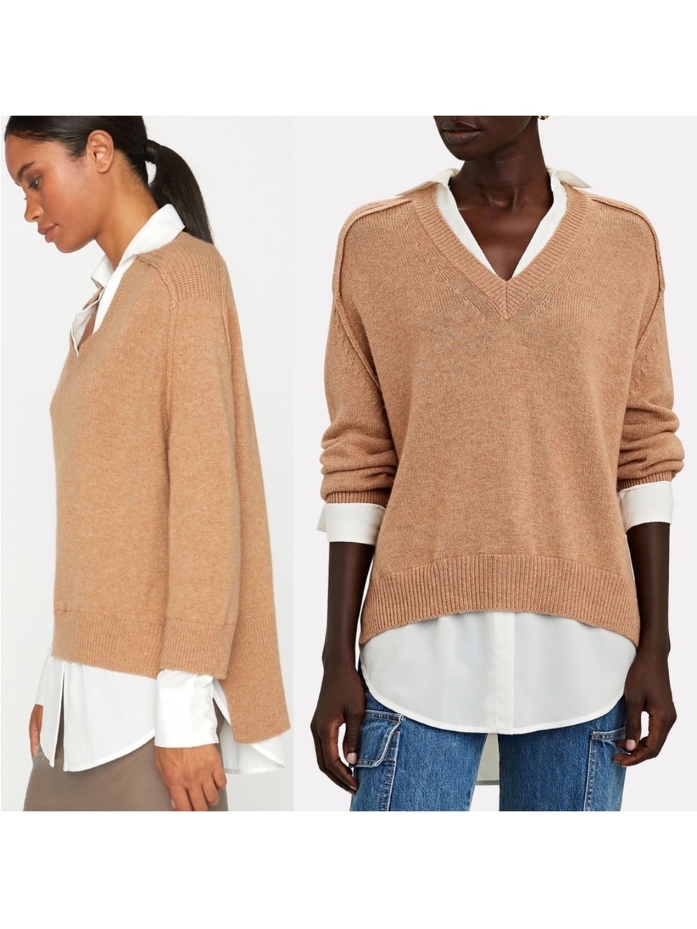 Brochu Walker The Looker Layered V Neck Wool Cashmere Camel Brown Sweater size S - Picture 3 of 16